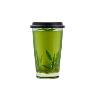 Rustic bamboo tea tumbler with a screw on lid filled with a refreshing iced green. Drink isolated on transparent background