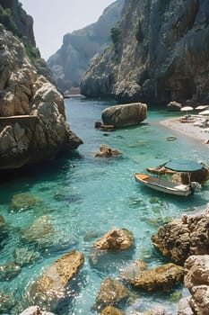 A boat glides on the fluid surface of a watercourse, surrounded by rocks and fluvial landforms, creating a picturesque natural landscape with mountainous backdrops