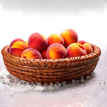 Peaches prunus persica pink and orange whole and halved floating around weathered wicker basket water. Food isolated on transparent background.