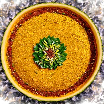 Thai curry seasoning mandala a fragrant arrangement of Thai curry seasoning with lemongrass and kaffir. Food isolated on transparent background.