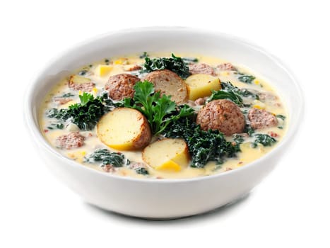 Zuppa Toscana with sausage potatoes and kale in a creamy broth served in a transparent. Food isolated on transparent background.