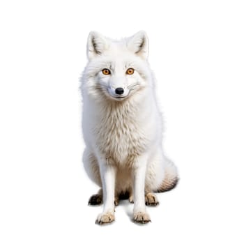 Animal isolated on transparent background. Cute arctic fox Vulpes lagopus in winter coat fluffy white fur alert expression Animal photography.