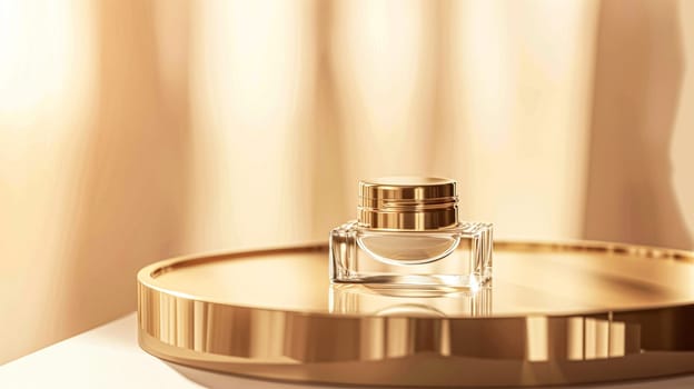 Face cream in a glass jar on a white and gold background. Skin care concept. Backdrop for beauty cosmetic products