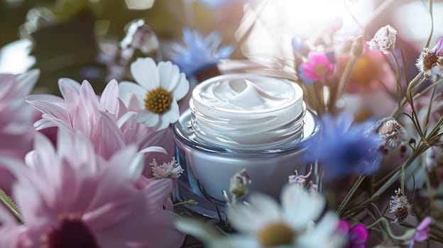 Cosmetic branding, toiletries and skincare concept. Face cream moisturizer jar on floral background, moisturizing skin care lotion and lifting emulsion, anti-age cosmetics for luxury beauty brand