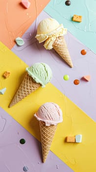 Scoops of ice cream in a waffle cones on a colorful background