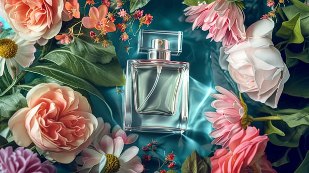 Perfume bottle with beautiful flowers. Floral background. Beauty concept. Flat lay, top view.