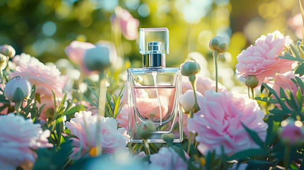 Perfume bottle in flowers, fragrance on blooming background, floral scent and cosmetic product idea