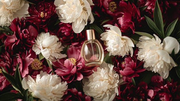 Perfume bottle in flowers, fragrance on blooming background, floral scent and cosmetic product idea