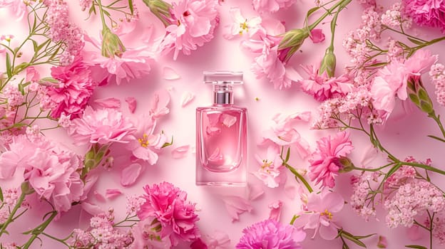 Perfume bottle in flowers, fragrance on blooming background, floral scent and cosmetic product idea