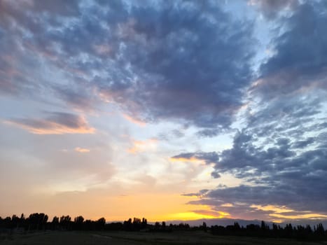 A breathtaking sunset that colors the sky in shades of pink and orange, with trees silhouetted in the background and fluffy clouds stretching into the horizon.