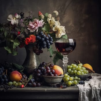 Imperial still life, featuring a glass of red wine, a bounty of fresh fruit, and a classic vase overflowing with flowers on dark backdrop