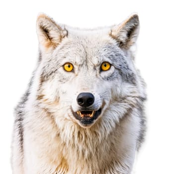 Animal isolated on transparent background. Majestic gray wolf Canis lupus howling thick silver and white fur piercing yellow eyes Animal.