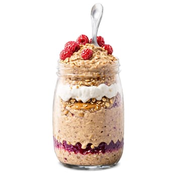 Peanut butter and jelly overnight oats creamy oats layered with peanut butter and jelly with. Food isolated on transparent background.