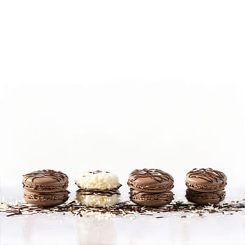 Macaroons with coconut flakes and chocolate drizzle in stack toppling Food and culinary concept. Food isolated on transparent background.