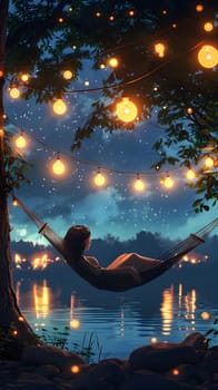 Under the midnight sky, a woman lays in a hammock by the lake, surrounded by darkness and the calming sound of water. She is happy, as if posing for an astronomical object painting