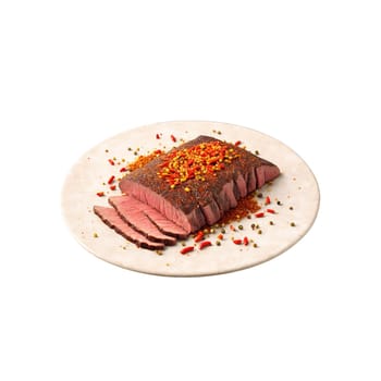 Beef brisket marbled and raw with chili powder and cumin seeds swirling in a Tex. Food isolated on transparent background.