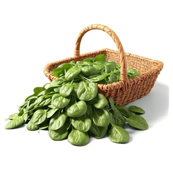 Spinach spinacia oleracea green leaves and bunches whirling over rustic wicker basket misty air Food. Food isolated on transparent background.