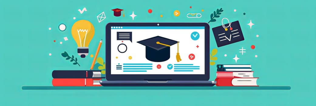 A laptop with a graduation cap placed on top, symbolizing online education and personal development through distance learning.
