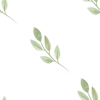 Cute spring soft green twigs with leaves in sketch style. Seamless watercolor pattern for fabric, wallpaper, wrapping paper, packaging cosmetics, tablecloths, curtains and home textiles