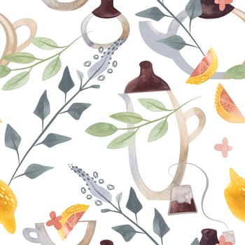 Herb tea. Melissa, mint, glassware, leaves and lemon slices. Seamless watercolor pattern for fabric, wallpaper, wrapping paper, packaging cosmetics, tablecloths, curtains and home textiles