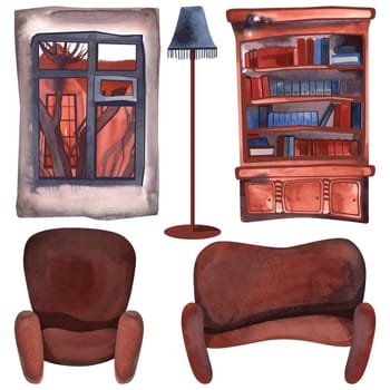 Set of interior items: old-fashioned brown armchair and sofa, antique bookcase, vintage floor lamp. Window with a very beautiful landscape. A collection for composing scenes from a library or bookstore. Isolated watercolor illustration on white background. Clipart