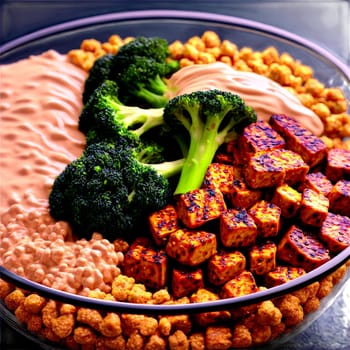 Protein packed tempeh bowl with marinated tempeh quinoa roasted broccoli and tahini sauce in a. close-up food, isolated on transparent background