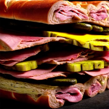 Cuban sandwich roast pork ham Swiss cheese dill pickles yellow mustard Cuban bread pressed Culinary. Food isolated on transparent background