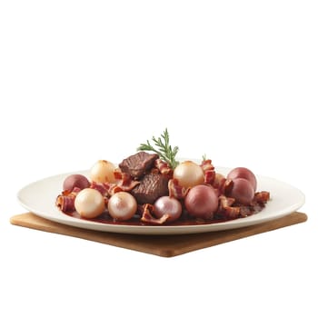 Beef Bourguignon tender beef chunks red wine sauce pearl onions bacon lardons Culinary and Food. Food isolated on transparent background