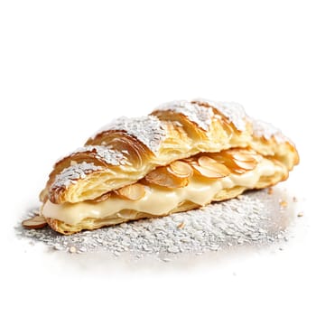 Almond croissant with flaky layers almond cream filling sliced almonds dusted with powdered sugar Culinary. close-up cake, isolated on transparent background