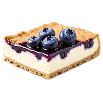 Blueberry cheesecake slice with creamy filling blueberry swirl graham cracker crust fresh blueberry garnish Culinary. close-up cake, isolated on transparent background