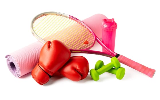 Assorted sports equipment isolated on white background close up