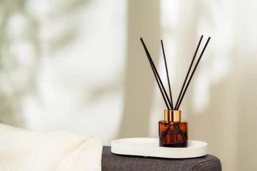 Aroma diffuser bottle with sticks in living room, close up