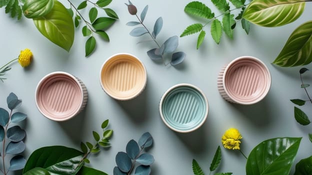 Colorful flowers and empty dishes on a blue background. Environmental background design.