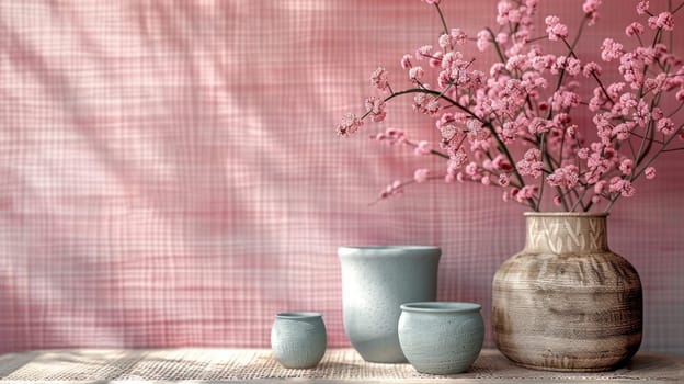 A line of vases showcasing a variety of vibrant colored flowers in bloom. Bright potted flowers on the background.