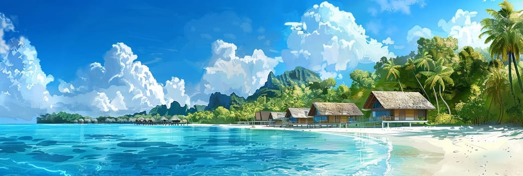 Painting of a tropical beach with huts and azure sea.