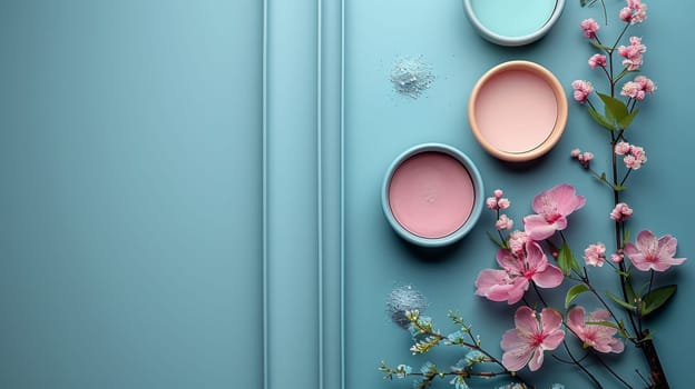 Colorful flowers and empty dishes on a blue background. Environmental background design.