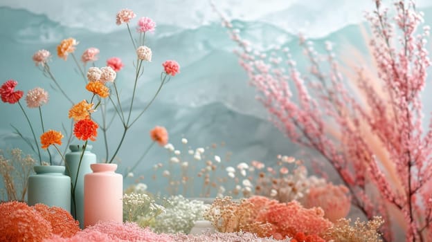 A line of vases showcasing a variety of vibrant colored flowers in bloom. Bright potted flowers on the background.