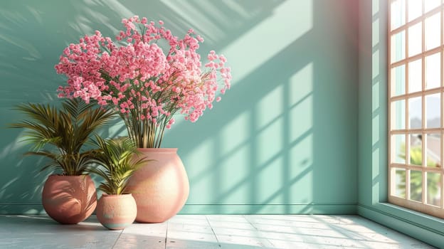 A line of vases showcasing a variety of vibrant colored flowers in bloom. Bright potted flowers on the background.