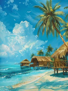 A detailed painting featuring a tropical beach with palm trees swaying in the breeze, set against a backdrop of crystal blue waters.