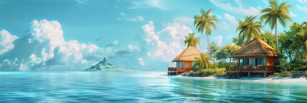 A painting showcasing a tropical island with palm trees, beachfront bungalows, and an azure sea.