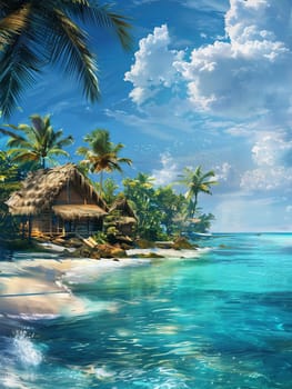 Painting depicting a tropical island with palm trees, beachfront bungalows, and an azure sea.