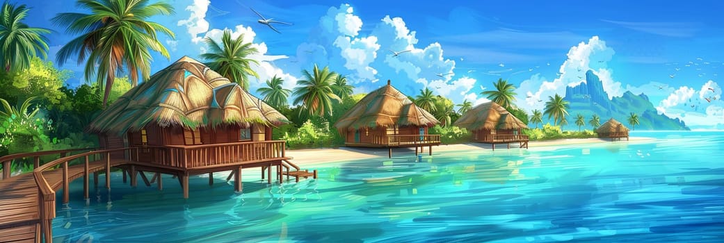 Painting depicting a tropical beach with huts overlooking an azure sea, capturing island life.