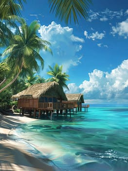 A tropical beach scene featuring a hut, palm trees, and the azure sea in the background.