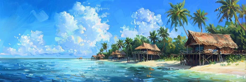 A painting depicting a tropical beach with beachfront huts overlooking the azure sea.