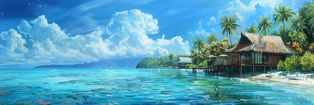 Painting featuring a tropical island with a hut on a sandy beach overlooking the azure sea.