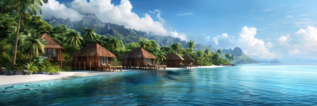 Palm trees and thatched huts on a tropical island with a beach and azure sea.