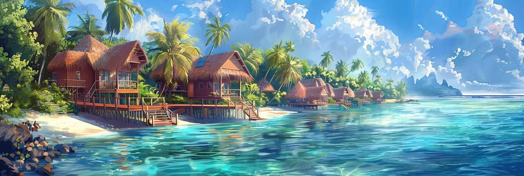 A painting showcasing a tropical island with lush palm trees against a backdrop of azure waters.