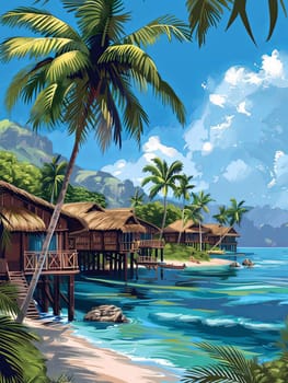 A painting depicting a tropical beach with palm trees and a serene sea under a clear blue sky.