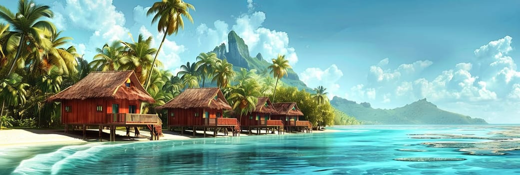 A painting of a tropical beach with bungalows and palm trees set against an azure sea.