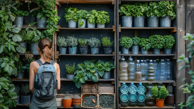 A collection of different green plants in different pots on shelves in a store . Ecological theme.